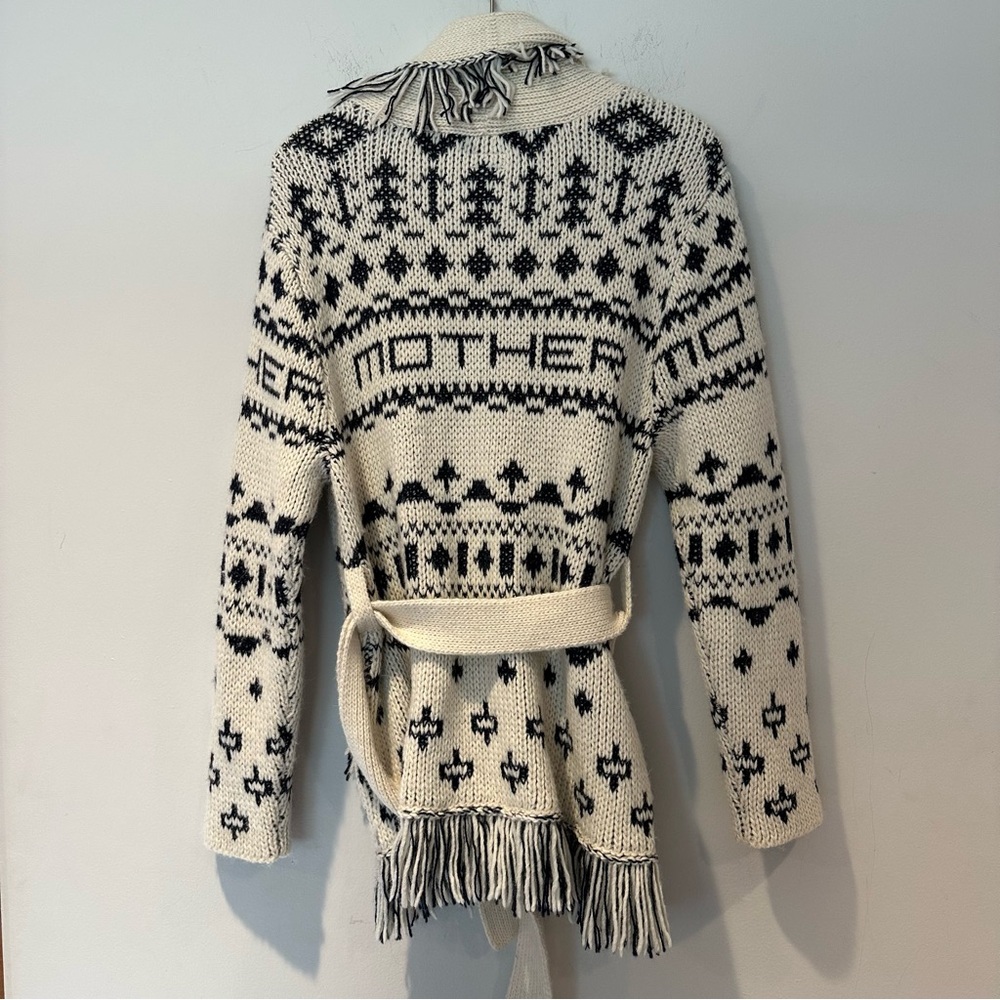 MOTHER Belted Short Cardigan Alpaca Blend Fringe Ivory Navy Blue S NWOT - Picture 8 of 11